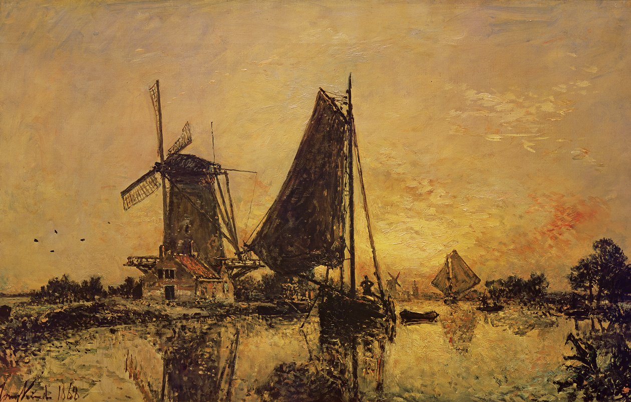Hollandiában, Hajók a szélmalom közelében, 1868 alkotó: Johan Barthold Jongkind