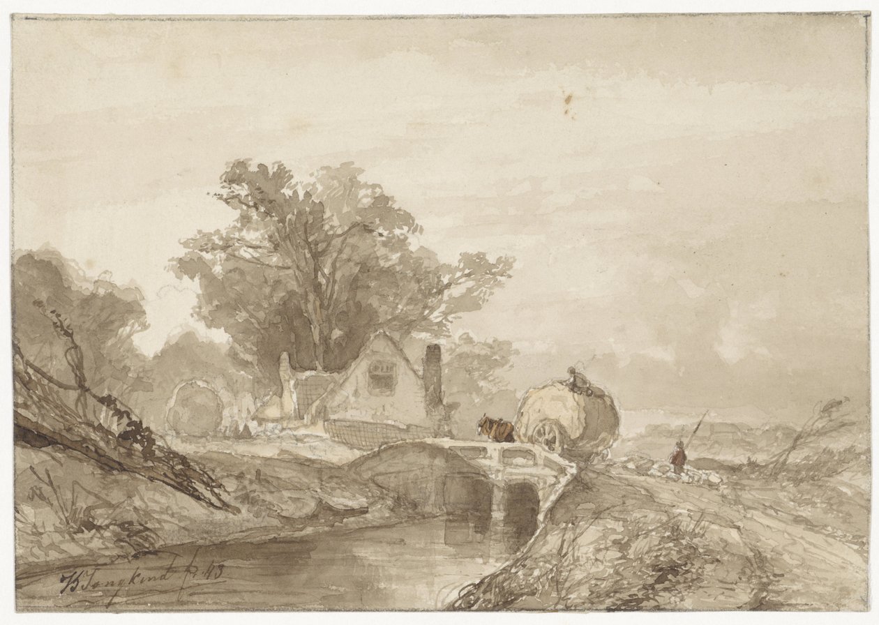Táj egy híddal, rajta egy aratóember alkotó: Johan Barthold Jongkind