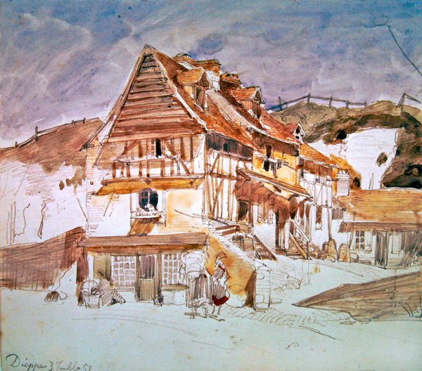 Régi házak Dieppe-ben, Normandiában, Franciaországban, 1851 (toll, tinta és WC papíron) alkotó: Johan Barthold Jongkind