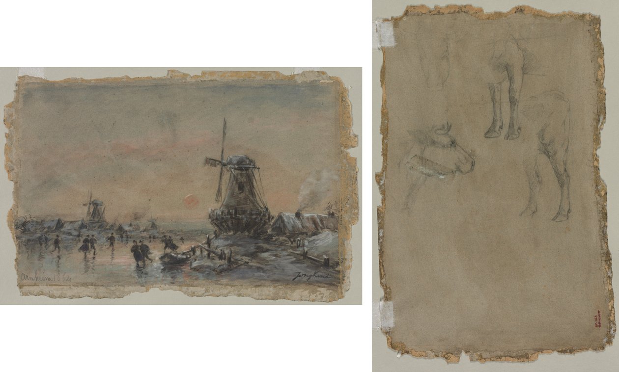 Arnheim látképe (recto) Tanulmányok egy bikáról (verso) alkotó: Johan Barthold Jongkind