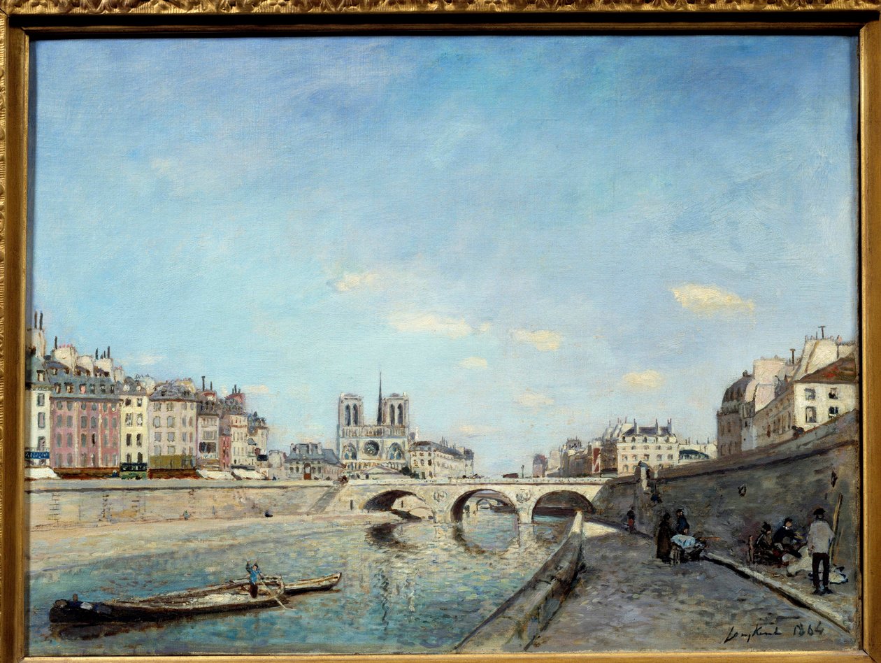 Kilátás a Szajna partjára és a Cathedrale Notre Dame de Paris Egy peniche a folyón. Johan Barthold Jongkind (1819-1891) festménye 1864 V. 0,42x0,56 m Párizs, musee d