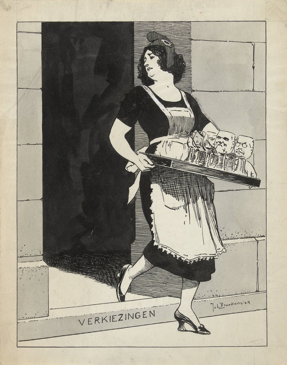 Illusztráció a De Amsterdammerben: A holland szűz cselédlányként egy pohártálcával megbotlik a lépcsőn. Választások (1924. május 17.) alkotó: Johan Braakensiek