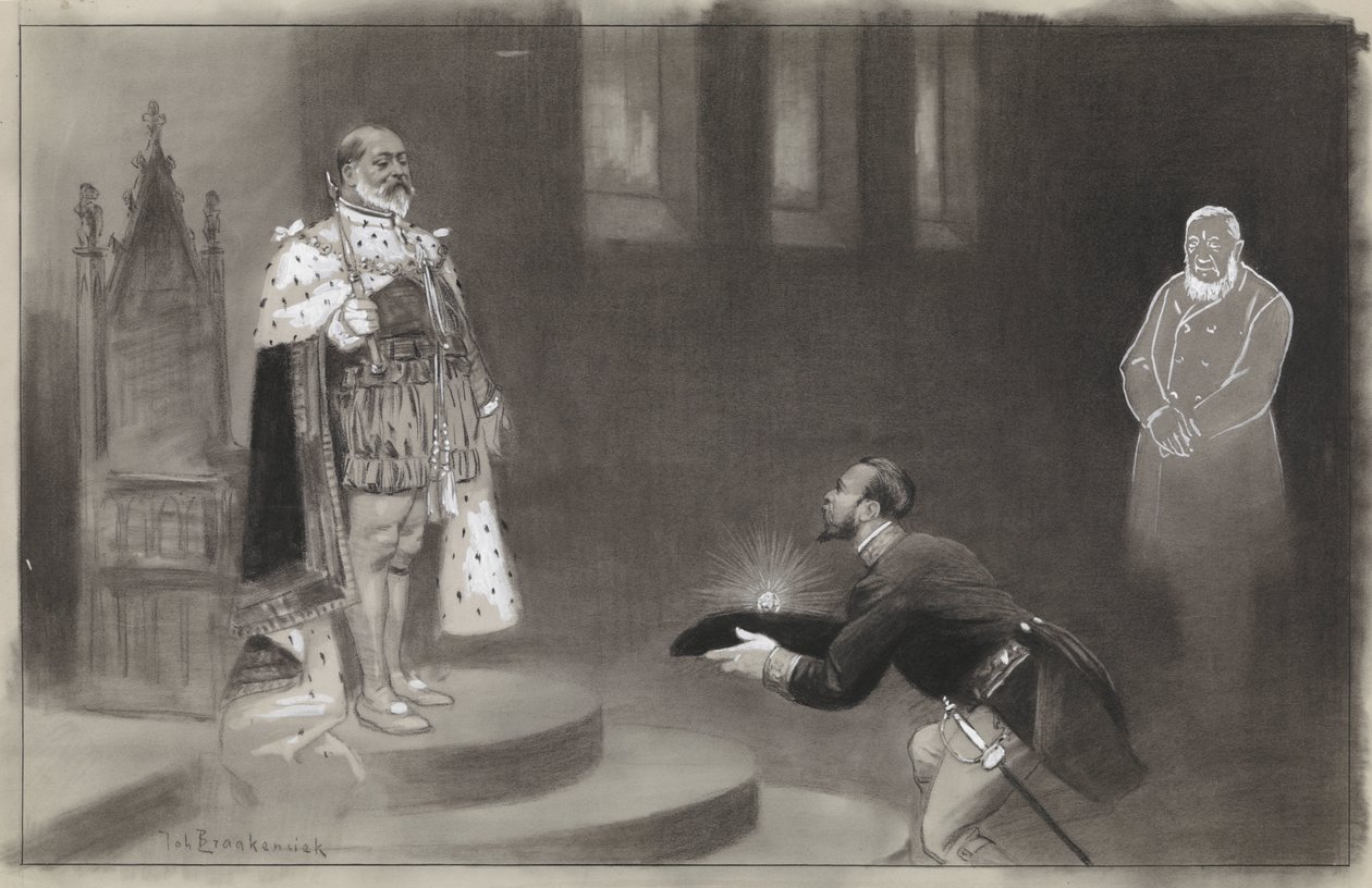 Illusztrációs terv a De Amsterdammerben: Transvalers ajándéka Eduard királynak alkotó: Johan Braakensiek
