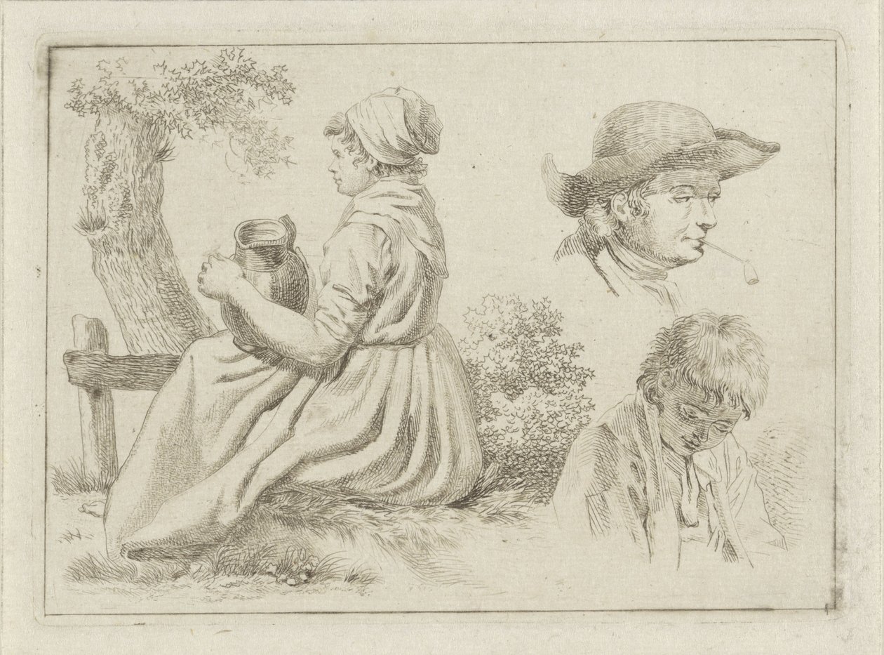 Ülő nő egy kancsóval, egy pipás férfi és egy fiú portréja alkotó: Johan Christiaan Willem Safft