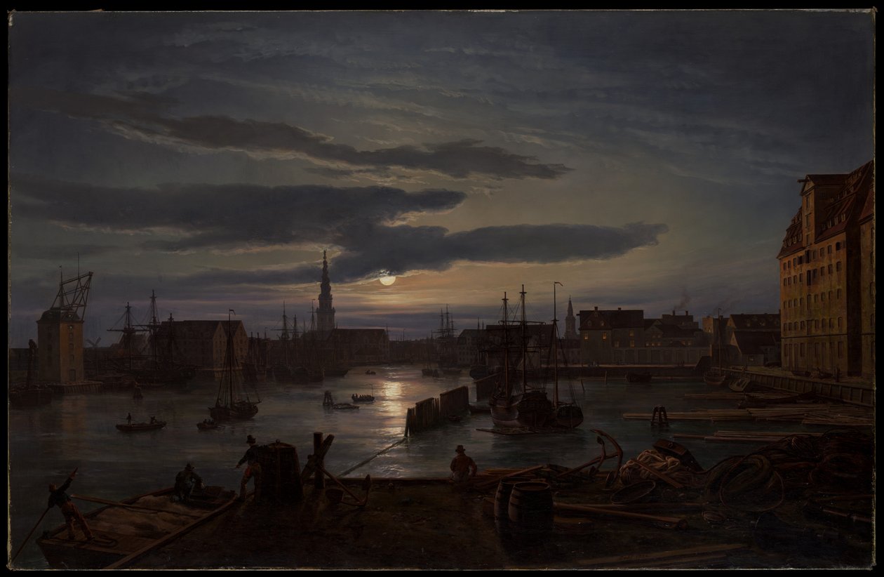 Koppenhága kikötője holdfényben alkotó: Johan Christian Dahl