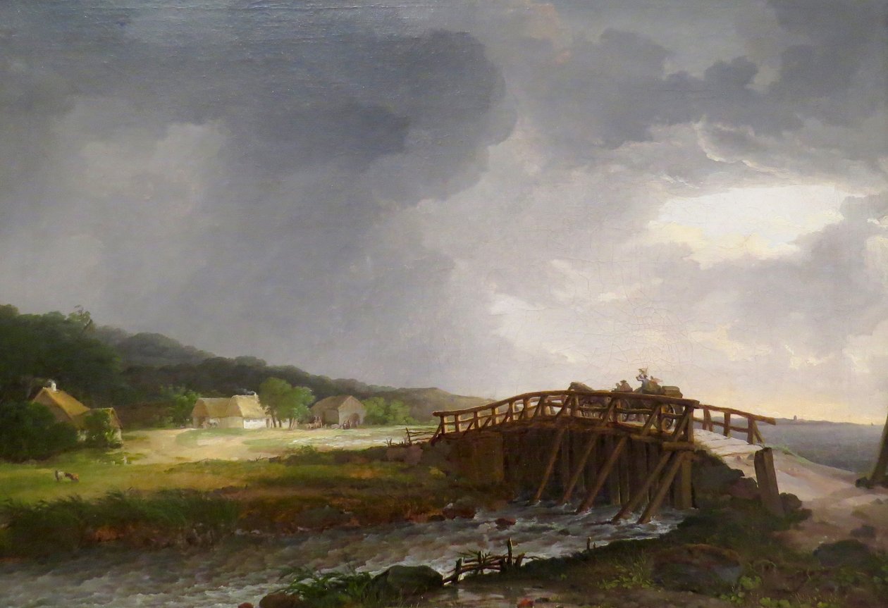 Dán: A Tryggevælde folyón átívelő híd, kilátással Køge-ra A Tryggevælde folyón átívelő híd, kilátással Køge-ra, Zéland alkotó: Johan Christian Dahl