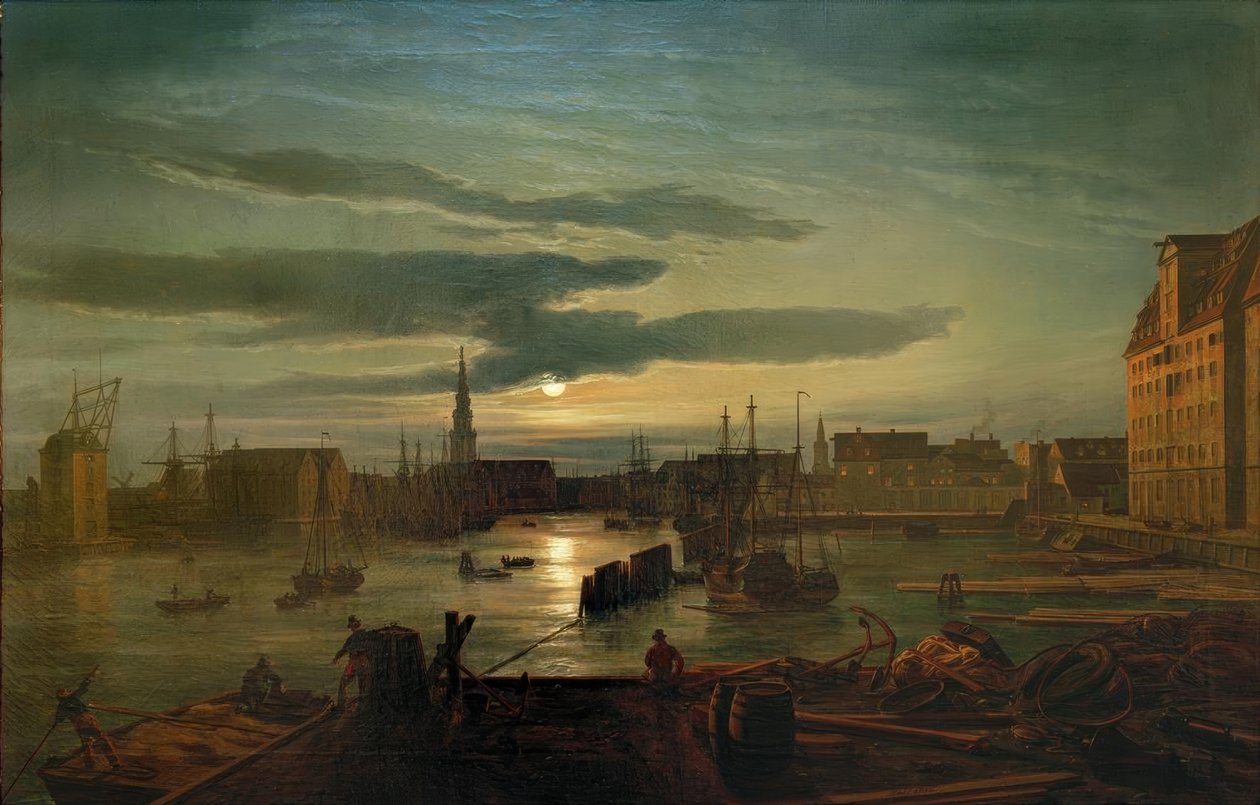 A koppenhágai kikötő a holdfényben alkotó: Johan Christian Dahl
