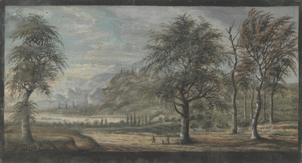 Tájkép lombhullató fákkal az előtérben alkotó: Johan Christian Dahl