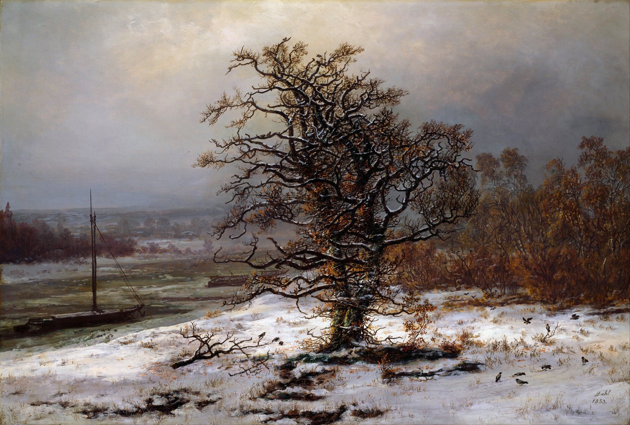""Téli táj tölgyfával az Elba partján, Németország"" Johan Christian Clausen Dahl (1788-1857) festménye 1853 Nemzeti Művészeti Múzeum, Oslo alkotó: Johan Christian Dahl