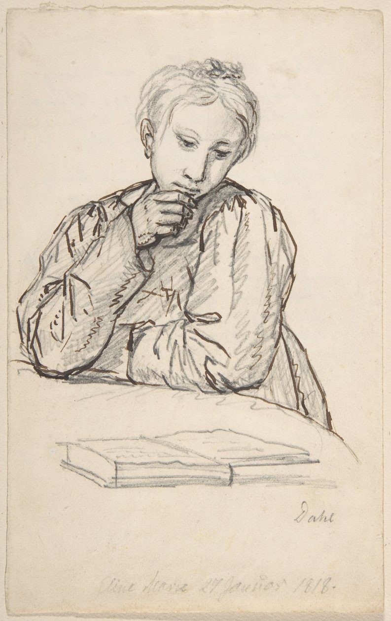 Eline Marie Heger gyermekkori portréja, ahogy egy asztalra támaszkodva egy könyvet néz alkotó: Johan Christian Dahl