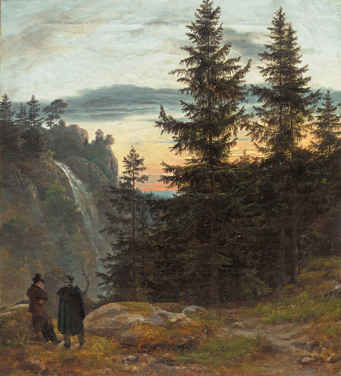 Két férfi egy vízesés előtt naplementében alkotó: Johan Christian Dahl