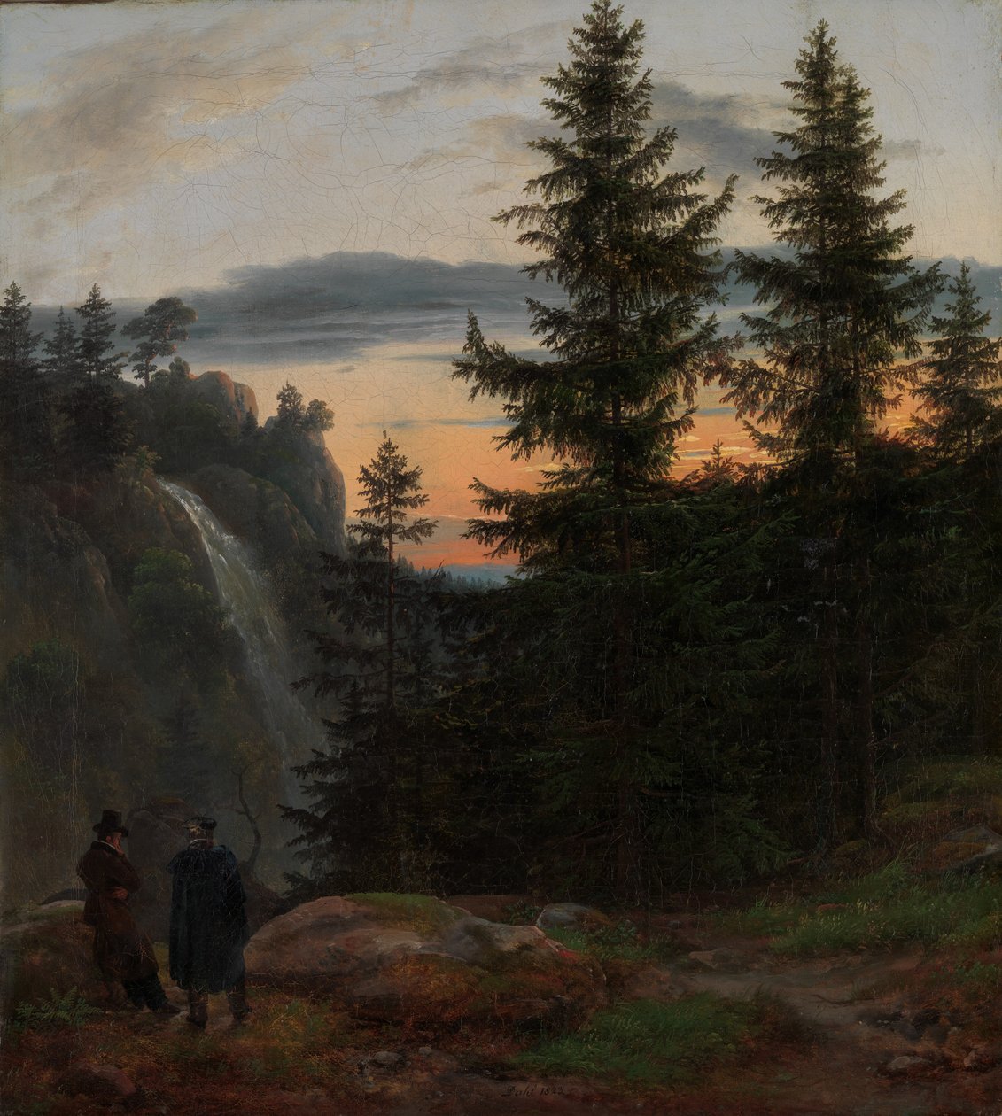 Két ember egy vízesés előtt naplementekor, 1823. alkotó: Johan Christian Dahl