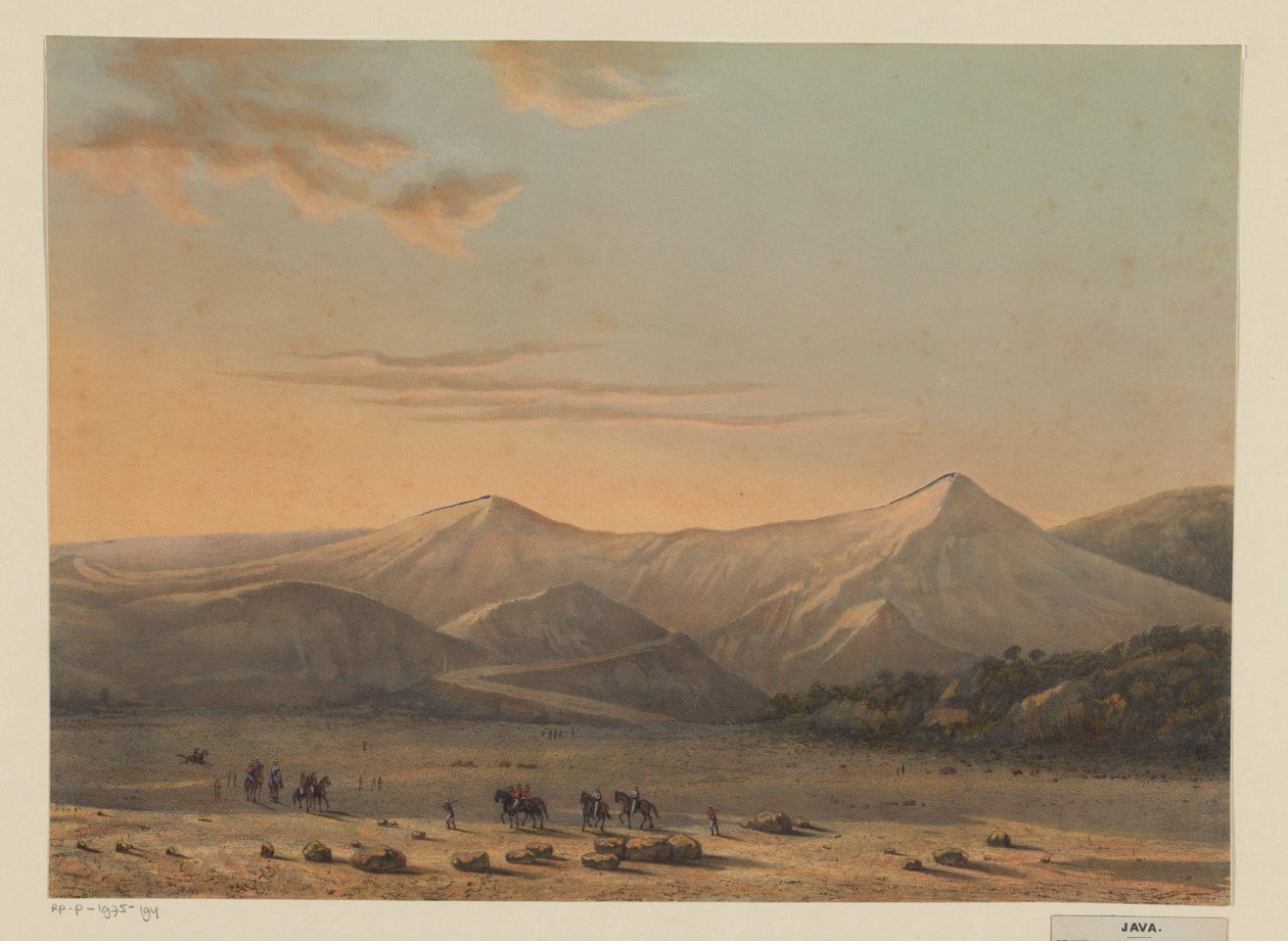 Kilátás a Bromo vulkánra Bromo tűzokádó hegye 1856-ban (Probolingo rezidencia) (cím a tárgyon) alkotó: Johan Conrad Greive
