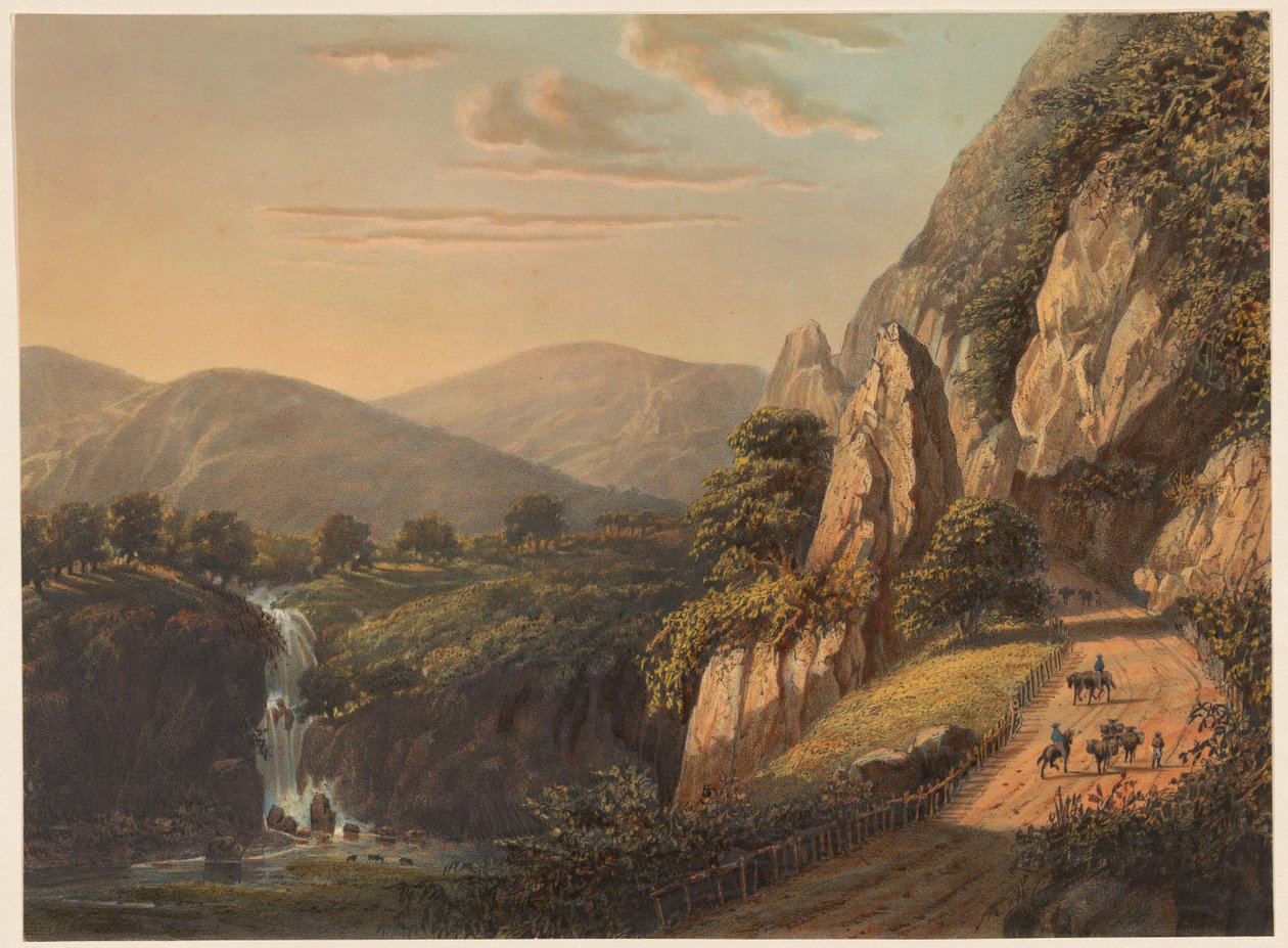 Kilátás a vízesésre és az országútra Preangerben, Jáván Sumandanban. (Preanger régenciák.) (cím a tárgyon) alkotó: Johan Conrad Greive