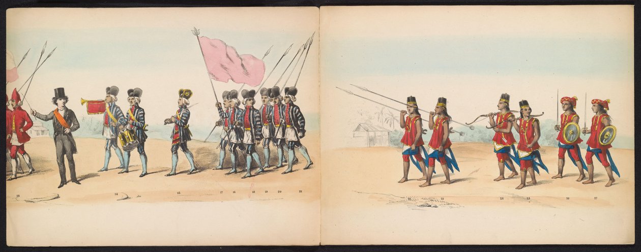A delfti diákok maskarádéja, 1857 (2. tábla) A delfti diáktestület tagjai által 1857. május 5-én tartott jelmezes felvonulás a djokjokartai szultán garebeg körmenetét és a legjellemzőbb holland típusokat ábrázolva. alkotó: Johan Hendrik Hoffmeister