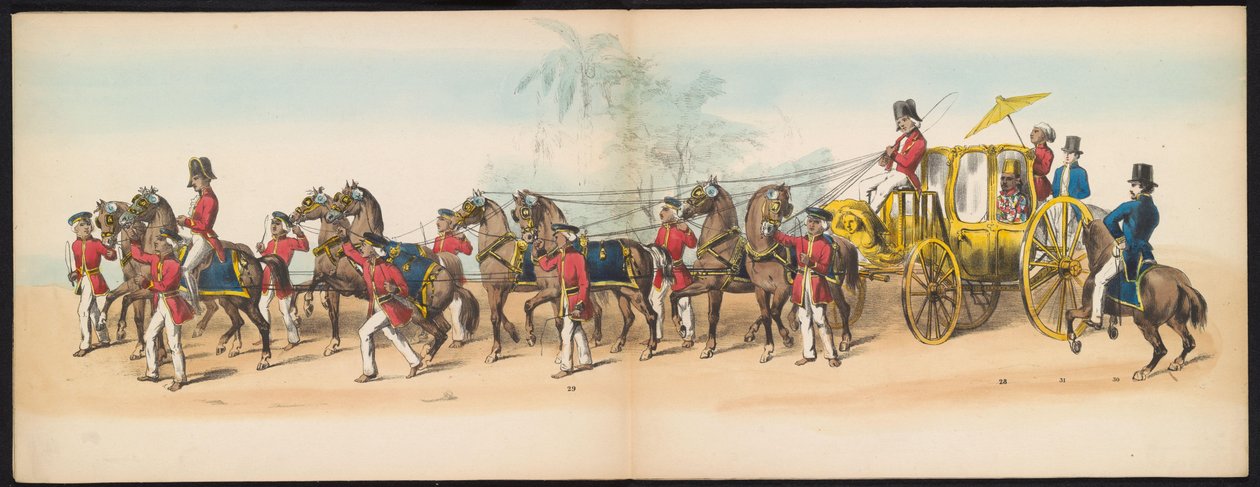 A delfti hallgatók maskarádéja, 1857 (3. tábla) A delfti diáktestület tagjai által 1857. május 5-én tartott jelmezes felvonulás a djokjokartai szultán garebeg körmenetét és a legjellemzőbb holland típusokat ábrázolva. alkotó: Johan Hendrik Hoffmeister