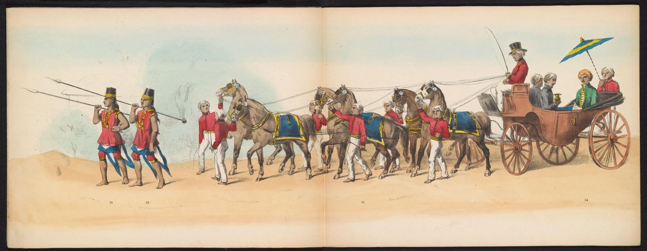 A delfti diákok maskarádéja, 1857 (4. tábla) A delfti diáktestület tagjai által 1857. május 5-én tartott jelmezes felvonulás a djokjokartai szultán garebeg körmenetét és a legjellemzőbb É-i típusokat ábrázolva. alkotó: Johan Hendrik Hoffmeister