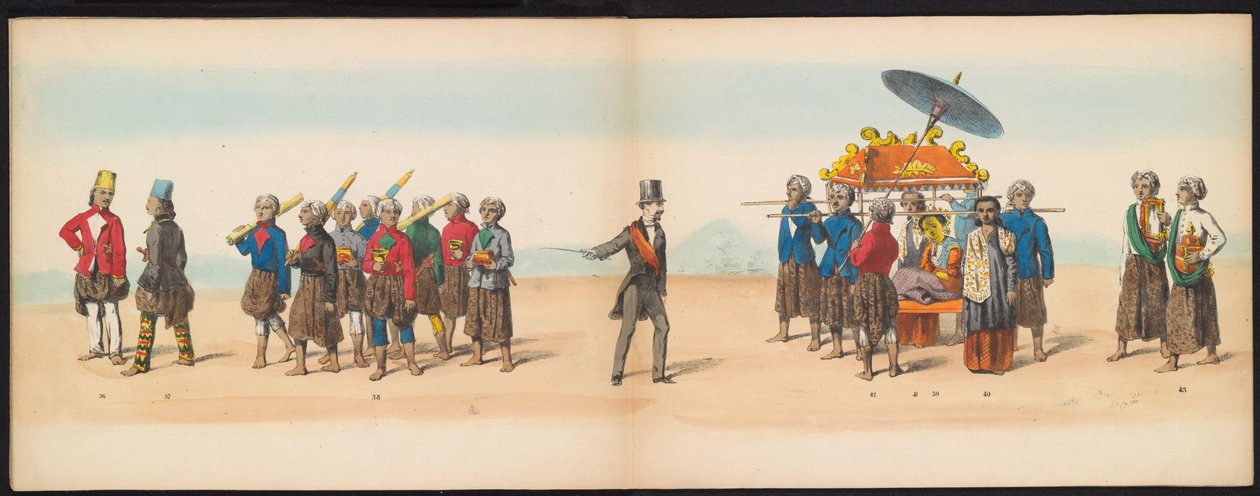 A delfti hallgatók maskarádéja, 1857 (5. tábla) A delfti diáktestület tagjai által 1857. május 5-én tartott jelmezes felvonulás a djokjokartai szultán garebeg körmenetét és a legjellemzőbb holland típusokat ábrázolva. alkotó: Johan Hendrik Hoffmeister