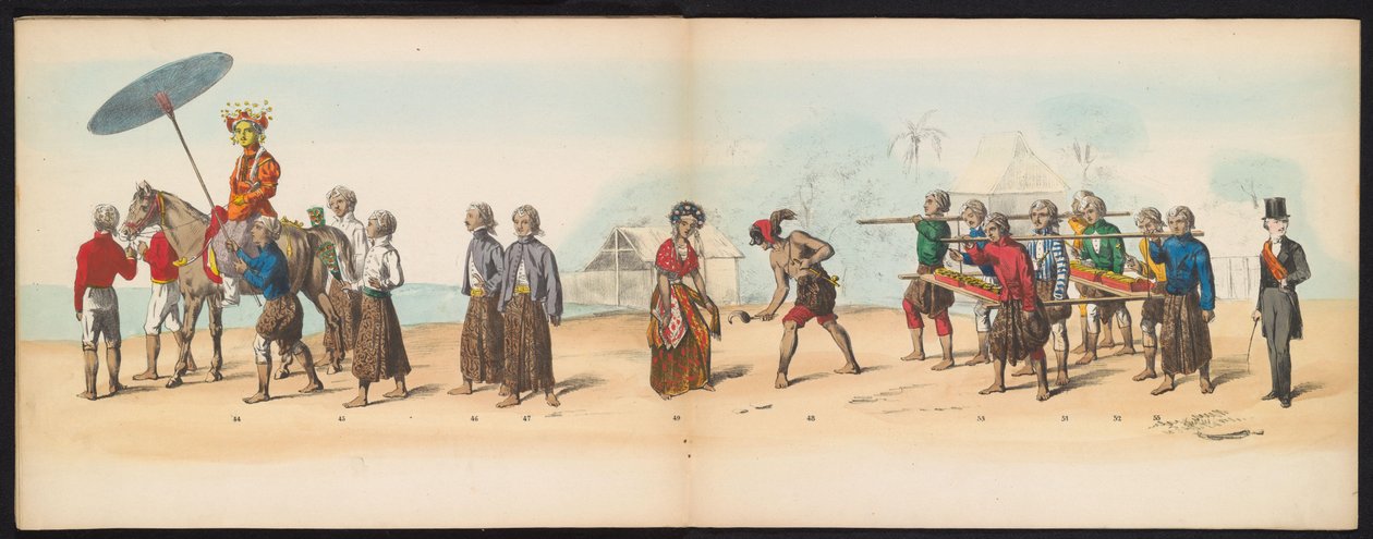 A delfti hallgatók maskarádéja, 1857 (6. tábla) A delfti diáktestület tagjai által 1857. május 5-én tartott jelmezes felvonulás a djokjokartai szultán garebeg körmenetét és a legjellemzőbb holland típusokat ábrázolva. alkotó: Johan Hendrik Hoffmeister