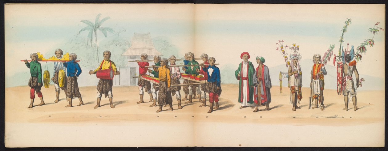 Delft diákjainak maskarádéja, 1857 (7. tábla) A delfti diáktestület tagjai által 1857. május 5-én tartott jelmezes felvonulás a djokjokartai szultán garebeg körmenetét és a legjellemzőbb holland típusokat ábrázolva. alkotó: Johan Hendrik Hoffmeister