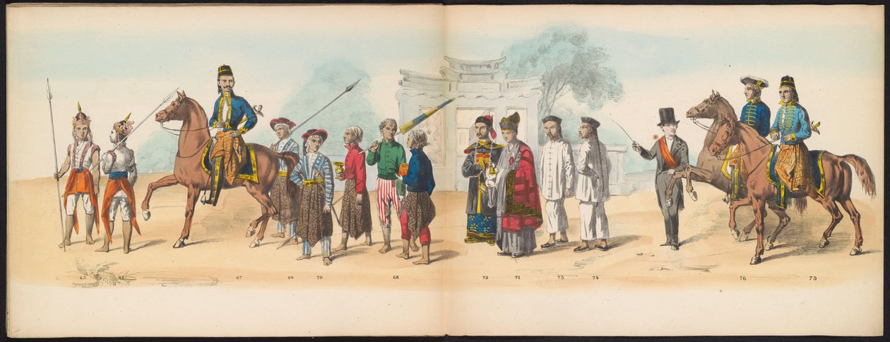 A delfti hallgatók maskarádéja, 1857 (8. tábla) A delfti diáktestület tagjai által 1857. május 5-én tartott jelmezes felvonulás a djokjokartai szultán garebeg körmenetét és a legjellemzőbb holland típusokat ábrázolva. alkotó: Johan Hendrik Hoffmeister