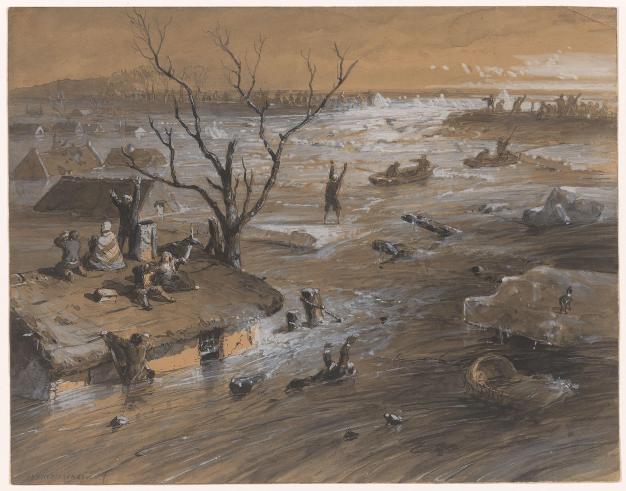Gátszakadás Brakelben, 1861. január 4. (cím a tárgyon) alkotó: Johan Hendrik Weissenbruch (signed by artist)
