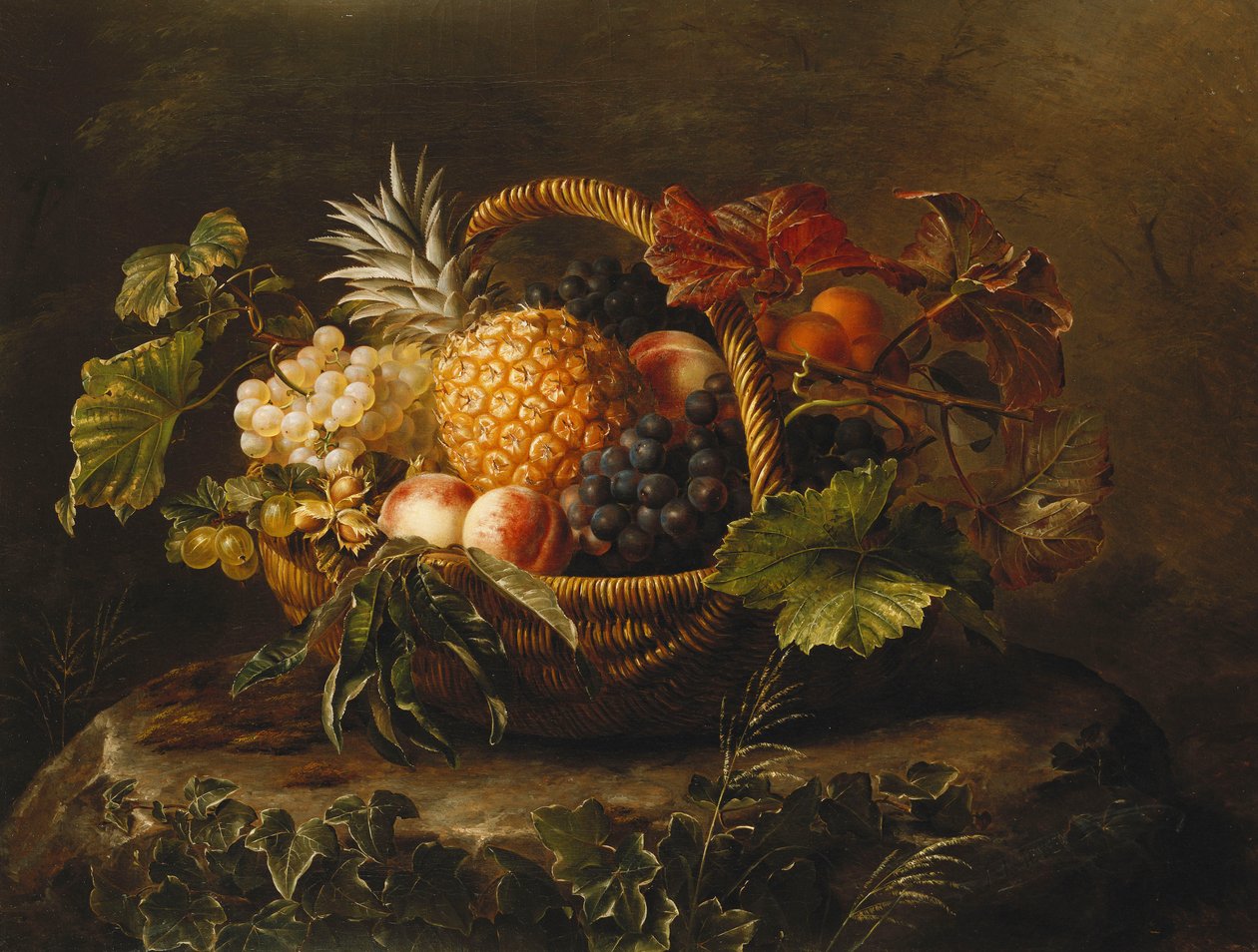 Ananász, szőlő, őszibarack és sárgabarack egy kosárban, alkotó: Johan Laurents Jensen