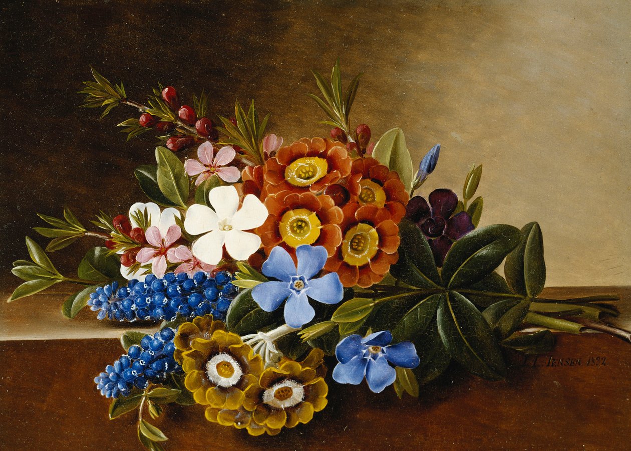 Szellő, auricula és szőlő jácintok márványpárkányon, 1882 alkotó: Johan Laurents Jensen