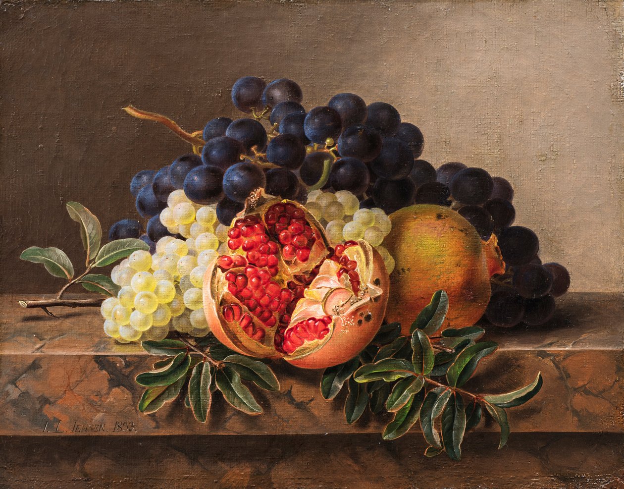 Gránátalma, zöld és kék szőlő márványkereten, 1833. alkotó: Johan Laurentz Jensen