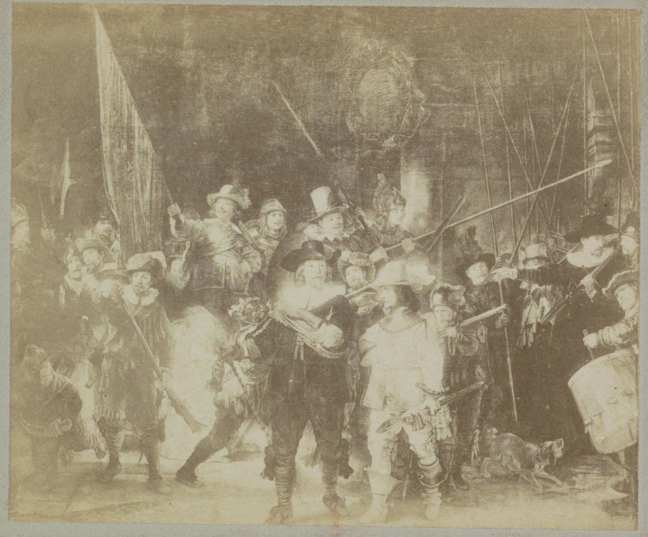Rembrandt Harmensz „Éjjeli őrség” című festményének fotóreprodukciója. Rajnából Musee d