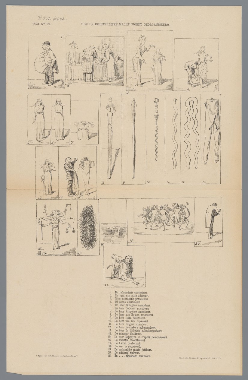 Karikatúra az igazságszolgáltatás reformjáról, 1873 Hogyan épül fel az igazságszolgáltatás (cím a tárgyon) alkotó: Johan Michaël Schmidt Crans