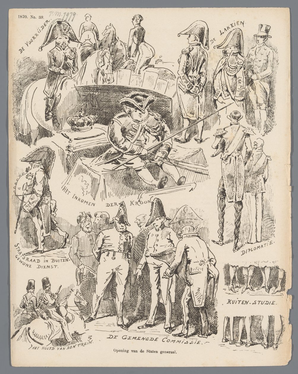 Karikatúra az Államok tábornokának megnyitásáról, 1870 Az államok tábornokának megnyitása (cím az objektumon) alkotó: Johan Michaël Schmidt Crans