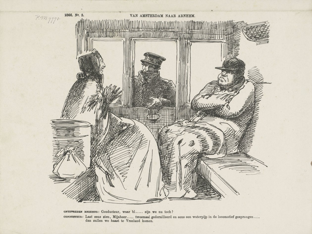 Rajzfilm a sok balesetről a Rhijnspoorwegben, 1866 Amszterdamból Arnhembe (cím a tárgyon) alkotó: Johan Michaël Schmidt Crans