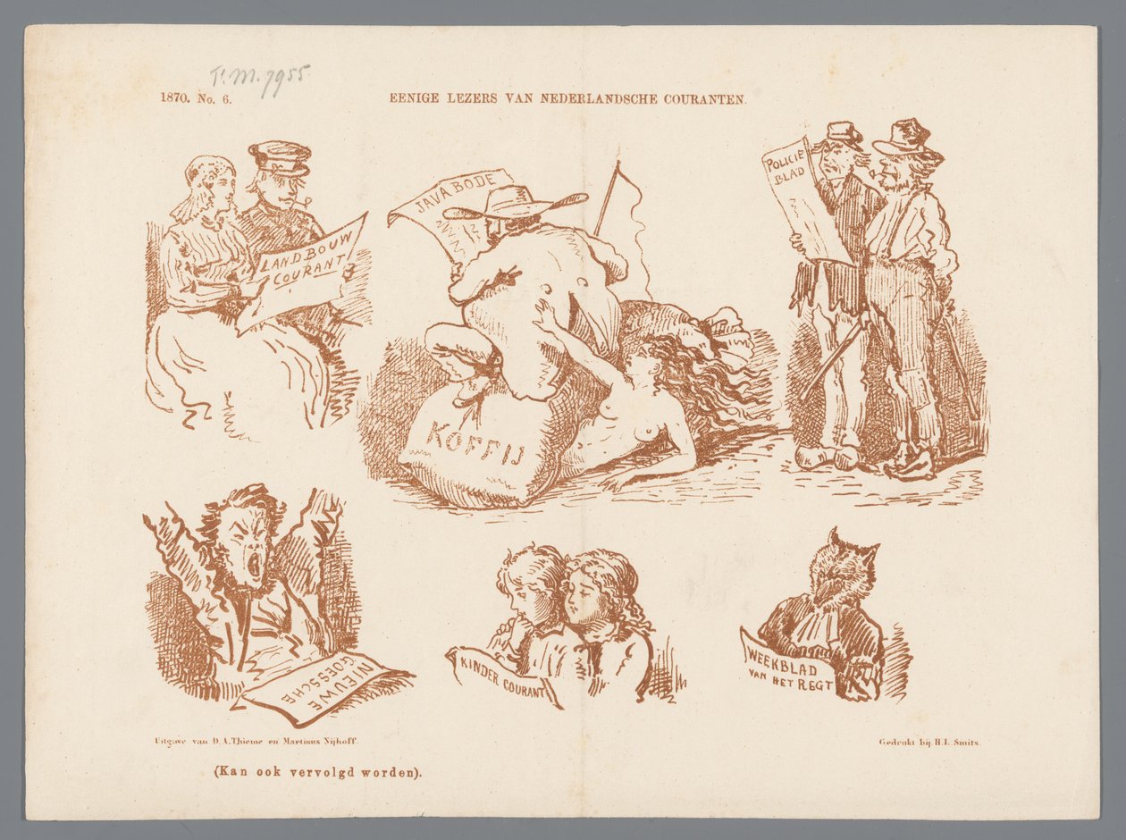 Karikatúra különböző típusú újságolvasókról, 1870 A holland újságok néhány olvasója (cím a tárgyon) alkotó: Johan Michaël Schmidt Crans