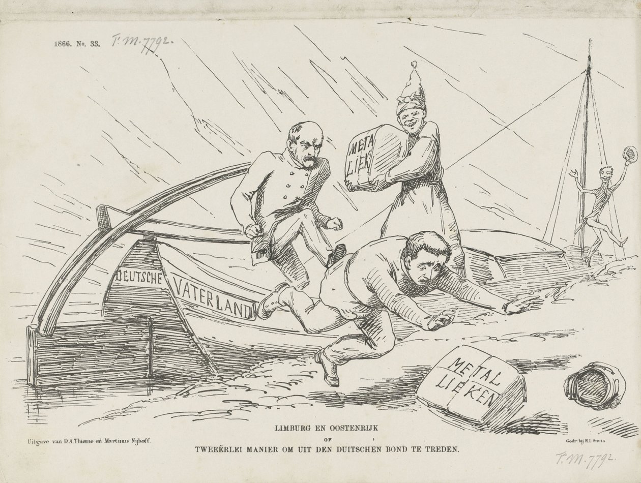Rajzfilm Bismarckról és a Német Konföderációról, 1866 Limburg és Ausztria avagy két út a német szövetség elhagyására (cím a tárgyon) alkotó: Johan Michaël Schmidt Crans