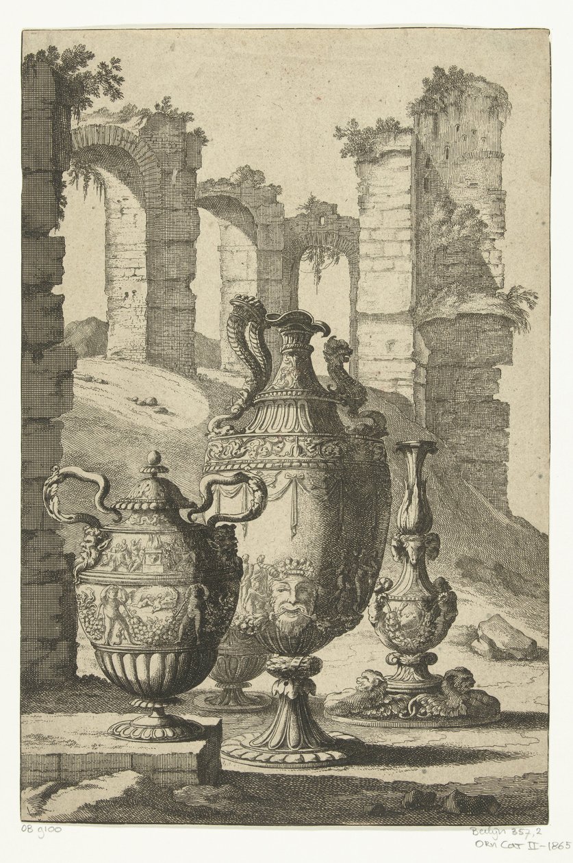 Három váza és egy gyertyatartó Materiam superabat opus (cím a tárgyon) Vázák és gyertyatartók (sorozat címe) alkotó: Johan Teyler (attributed to)