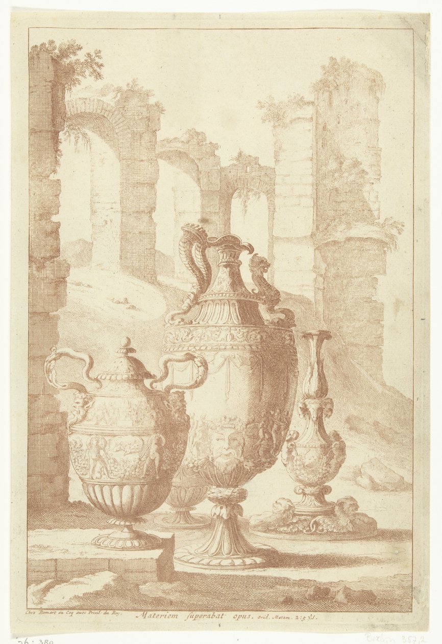 Három váza és egy gyertyatartó Materiam superabat opus (cím a tárgyon) Vázák és gyertyatartók (sorozat címe) alkotó: Johan Teyler (attributed to)