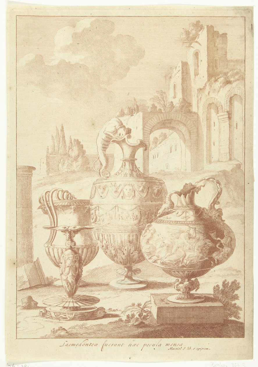 Csillár és száraz váza Laomedonteae fuerant haec pocula mensea (cím a tárgyon) Váza és gyertyatartó (sorozat címe) alkotó: Johan Teyler (attributed to)