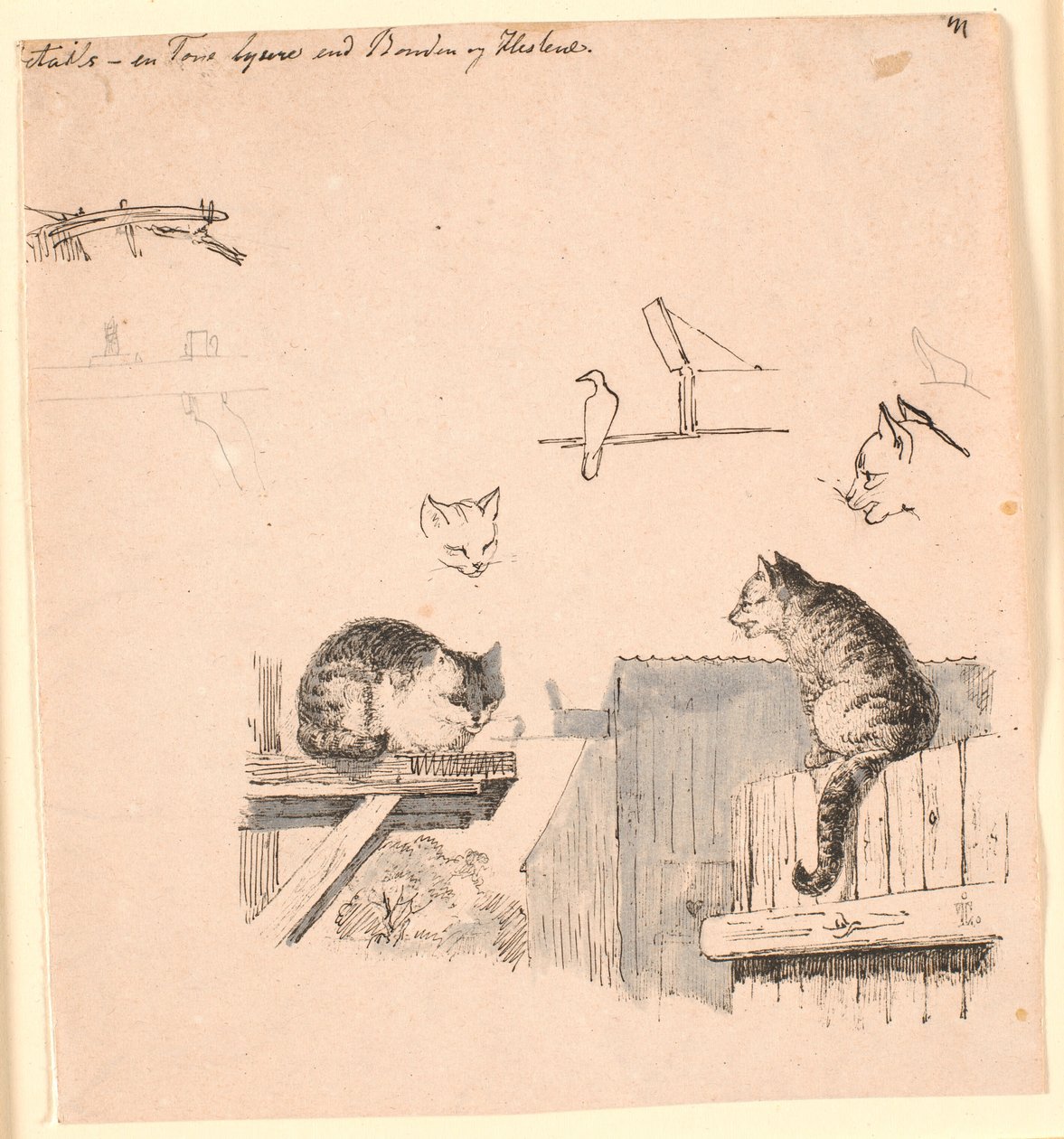 A két macska. F.o. macskafej-, madár-, macskafül- és gerendamunkák tanulmányozása. Illusztráció Kaalund "Fables for Children" című művéhez. Lásd a lapkatalógus megjegyzését. alkotó: Johan Thomas Lundbye