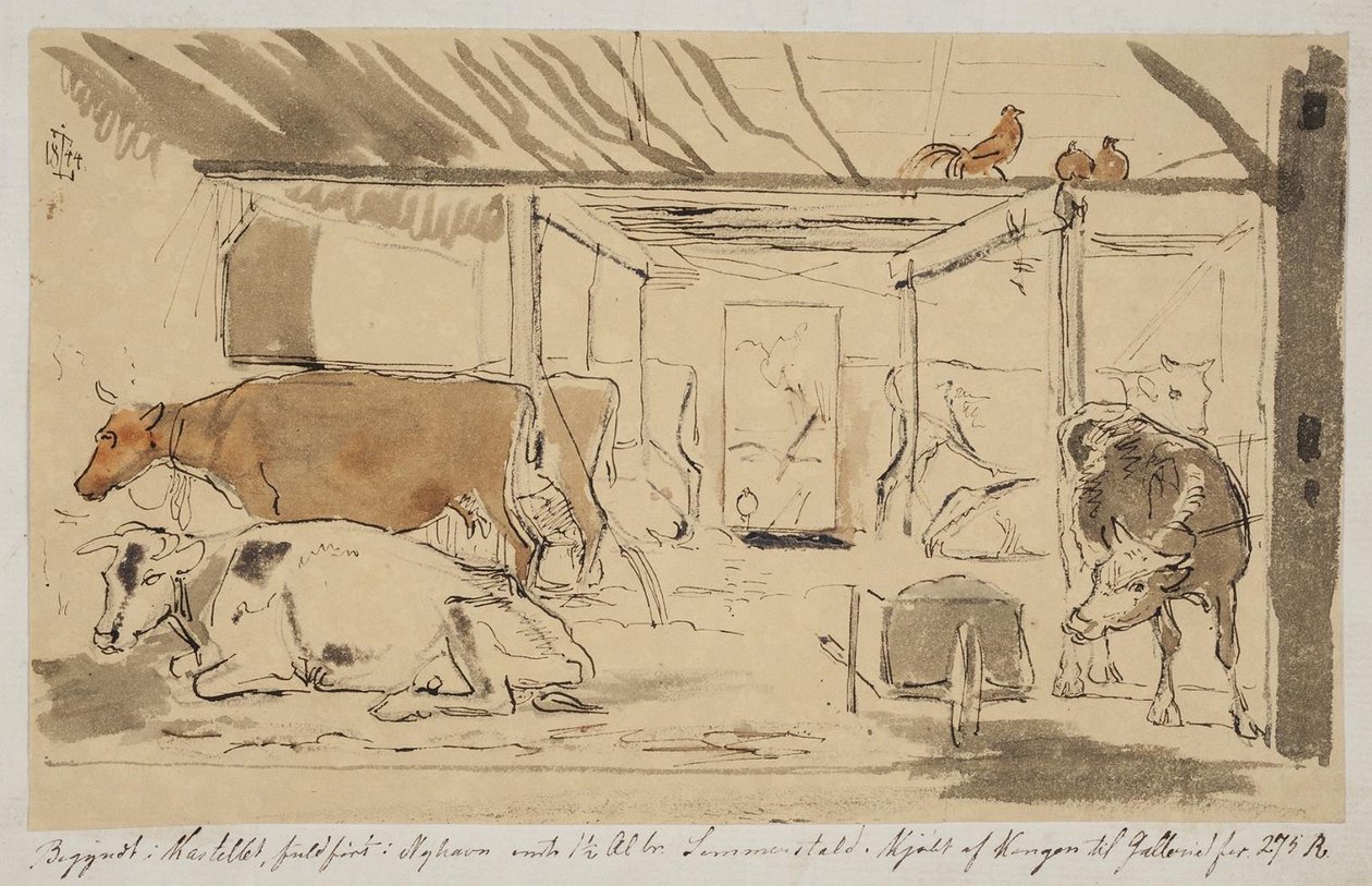 Tehénistálló egy parasztházban, beragasztott a 19. oldalon f.n. alkotó: Johan Thomas Lundbye