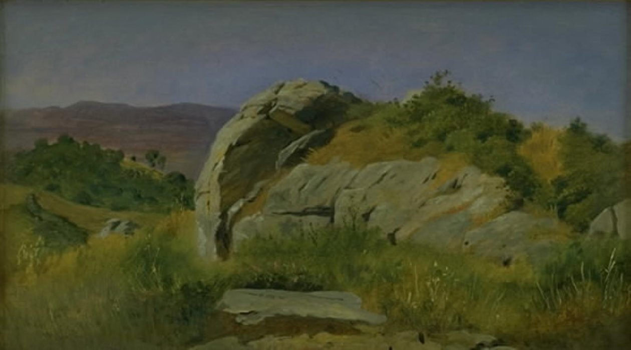 Táj sziklákkal az előtérben. Civitella, Olaszország alkotó: Johan Thomas Lundbye