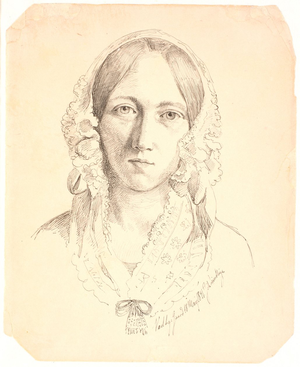 Egy fiatal nő portréja, egy arc. Valószínűleg Louise Marie Neergaard (1816-1895) képviselője alkotó: Johan Thomas Lundbye