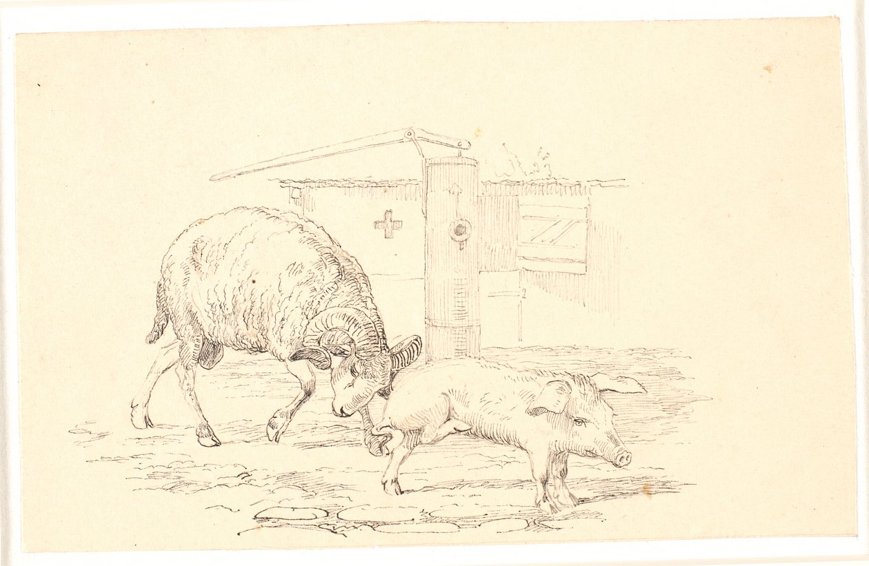 A kos és a disznó. Illusztráció Kaalund "Fables for Children" című művéhez. Lásd a lapkatalógus megjegyzését. alkotó: Johan Thomas Lundbye