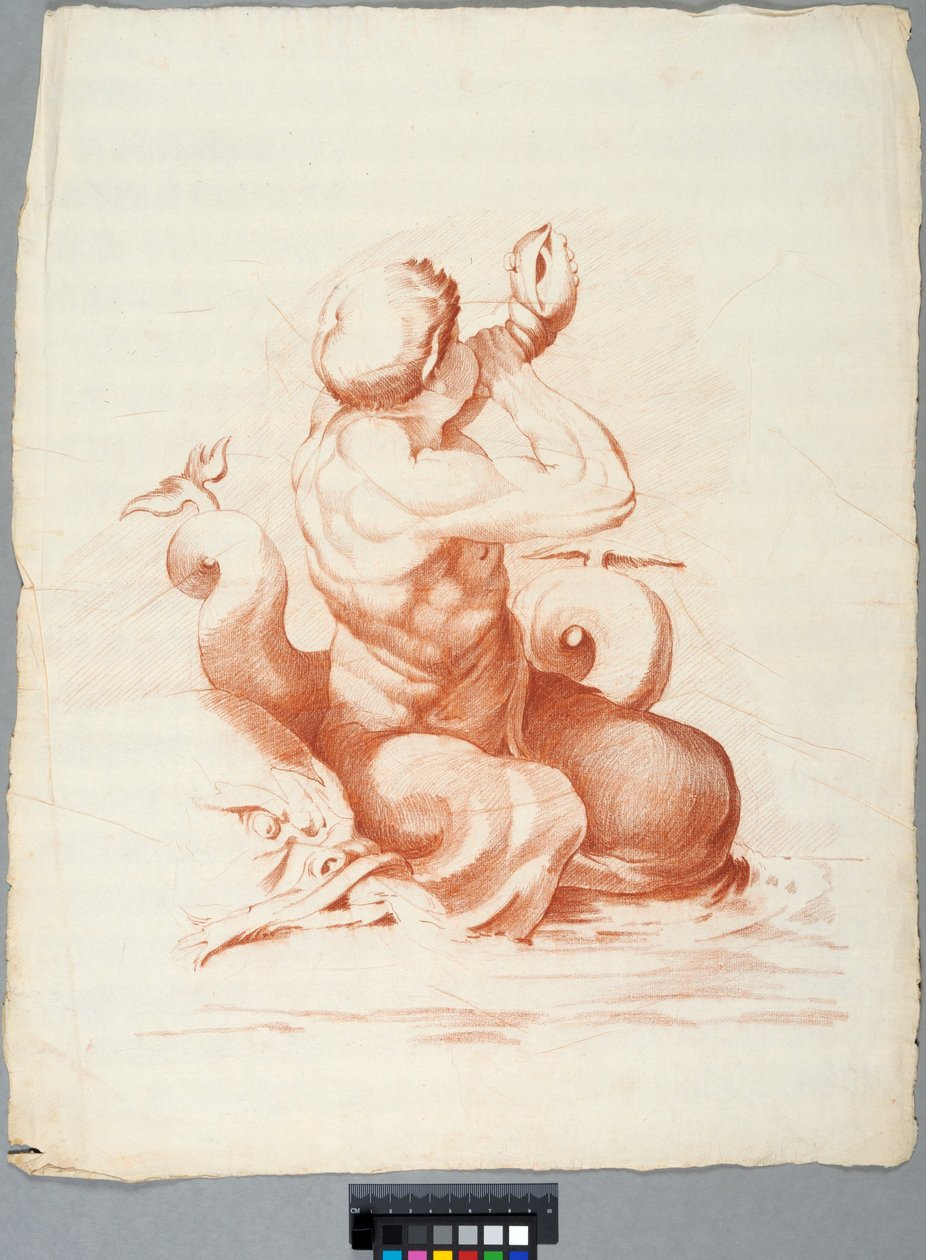 Akademiezeichnung. Detail einer Deckendekoration mit Peleus und Thetis in der Galleria Farnese, Rom, Triton bläst eine Muschel alkotó: Johan Tobias Sergel