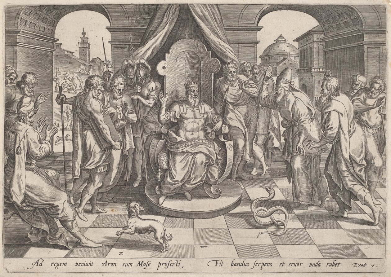 Mózes és Áron a fáraó előtt alkotó: Johan Wierix, after Maarten van Cleef