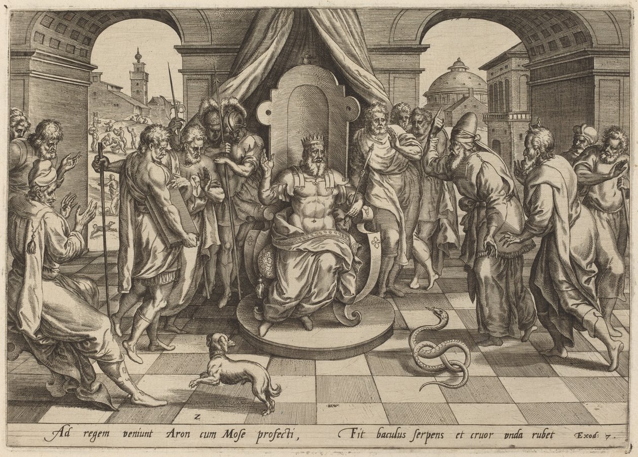 Mózes és Áron a fáraó előtt alkotó: Johan Wierix, after Maarten van Cleef