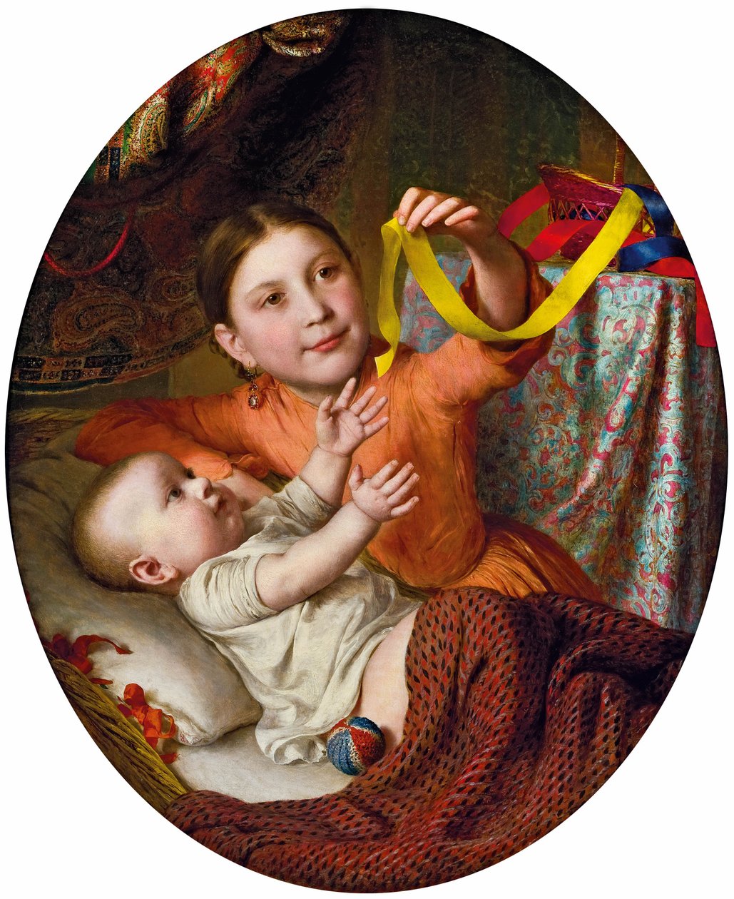 Két gyerek játszik selyemszalaggal. alkotó: Johann Baptist Reiter