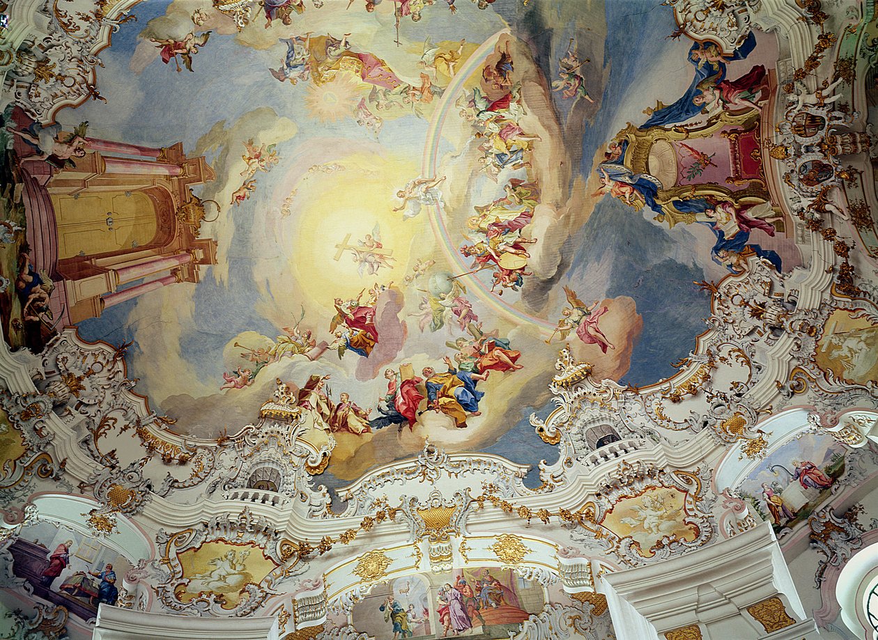 Az utolsó ítélet, mennyezetfestés a templom lapított kupolájából (stukkó) alkotó: Johann Baptist Zimmermann