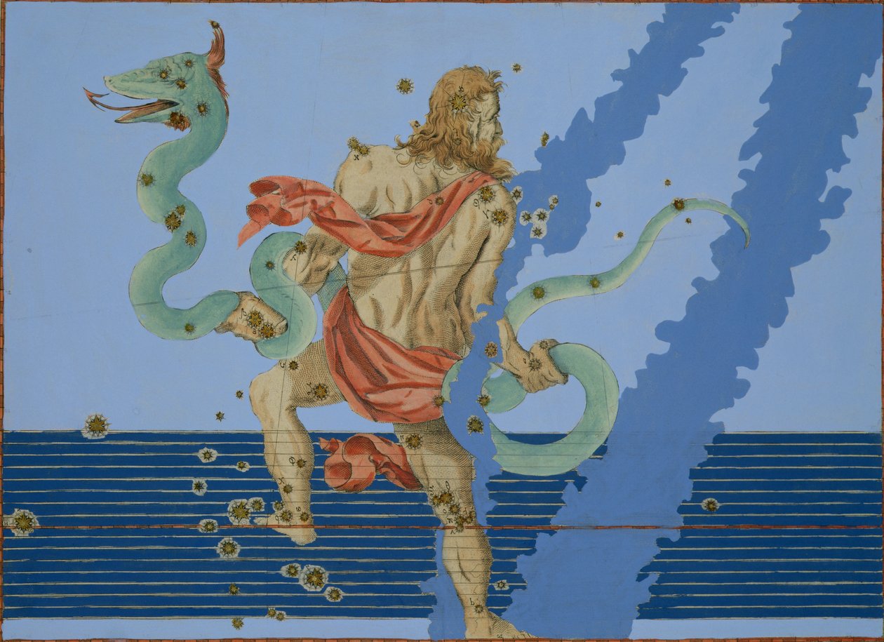Ophiuchus csoport csillagképe, Johann Bayer „Uranometria” című művéből, vésette Alexander Mair (1559-1616 körül) 1603 (kézzel színezett rézmetszet) alkotó: Johann Bayer