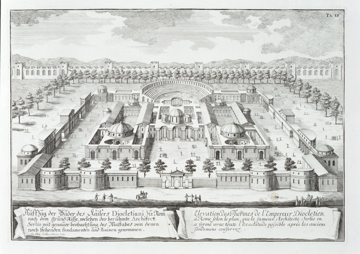 Diocletianus fürdője (Kr. u. 302), Róma, a „Történelmi építészet terve” című könyvből, 1721 alkotó: Johann Bernhard Fischer von Erlach
